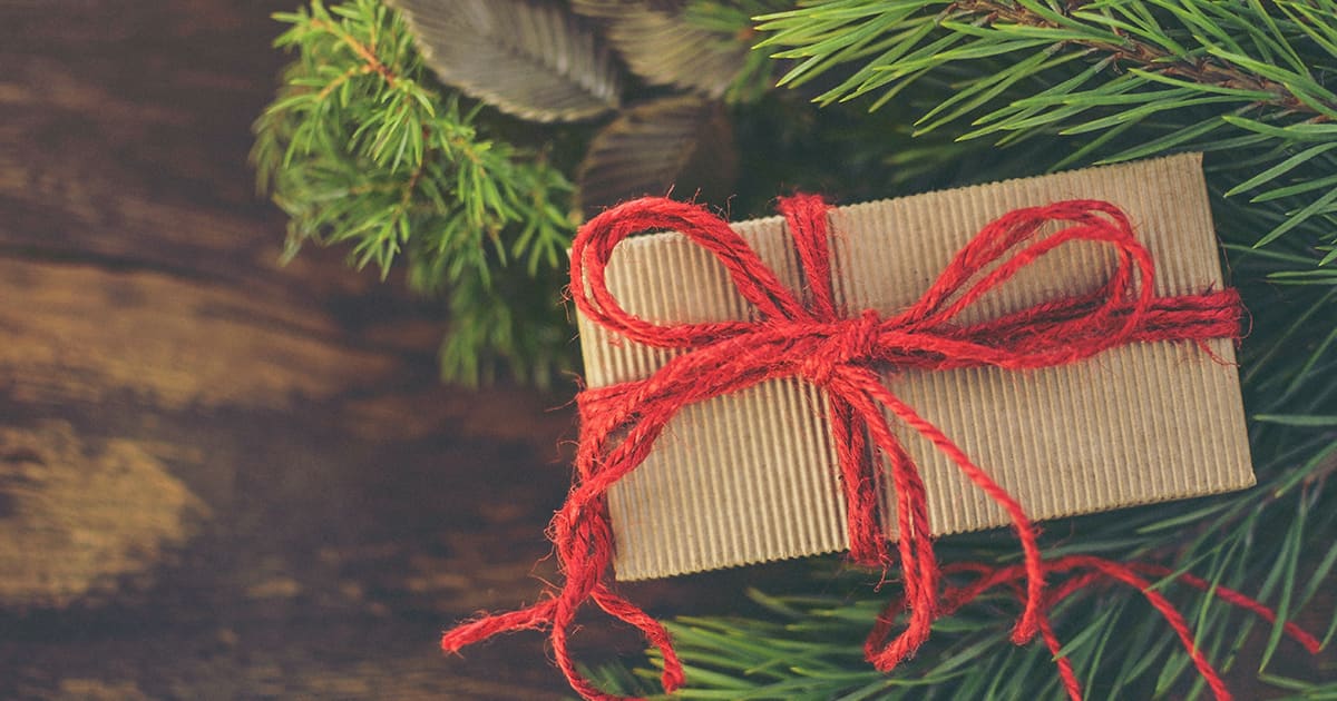 christmas gift with red ribbon sitting under tree